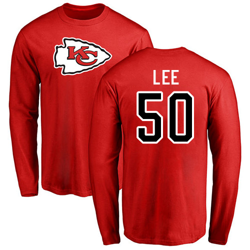 Men Kansas City Chiefs #50 Lee Darron Red Name and Number Logo Long Sleeve NFL T Shirt->nfl t-shirts->Sports Accessory